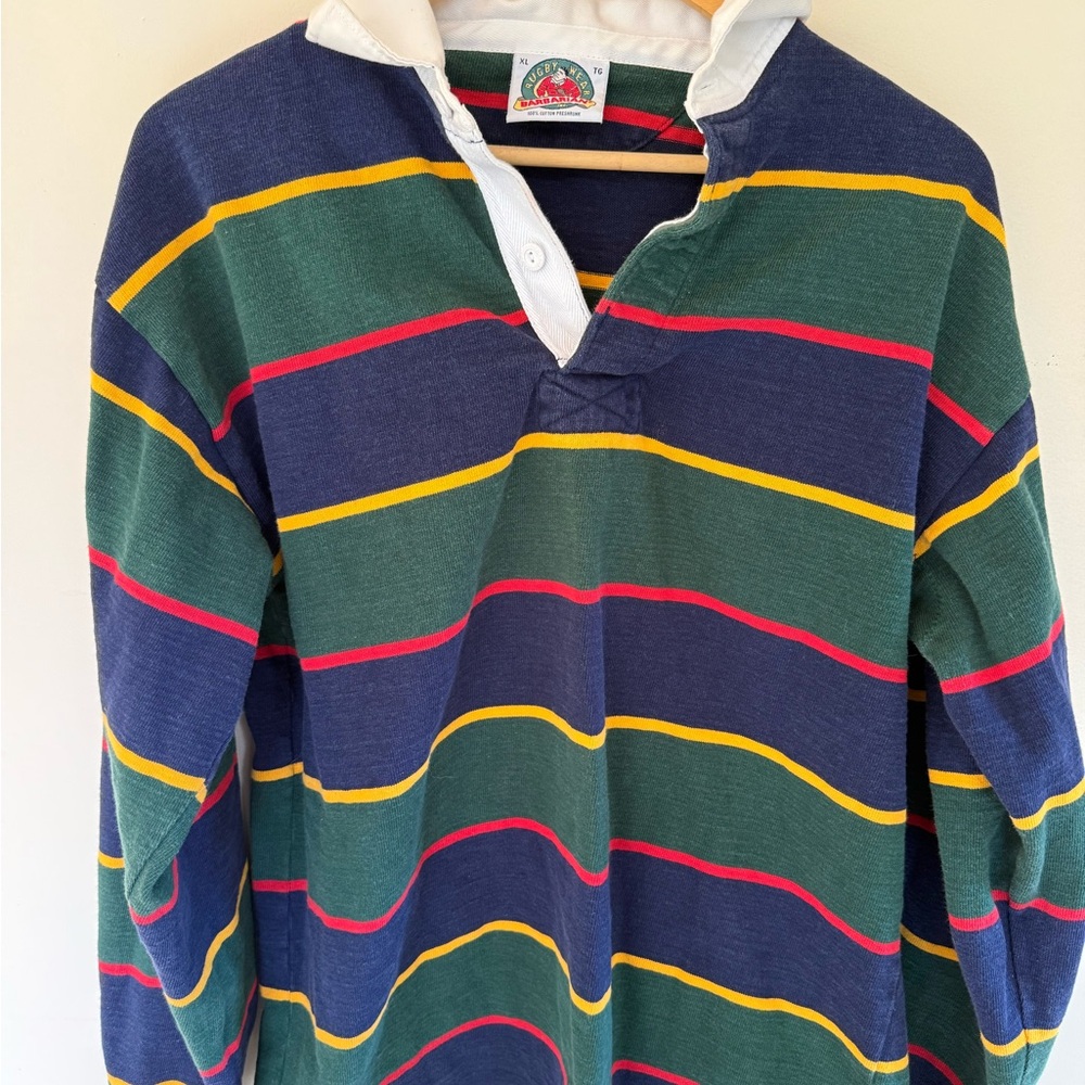 Barbarian Rugby Shirt in Navy, Red, Forest Green & Yellow Striped - XL